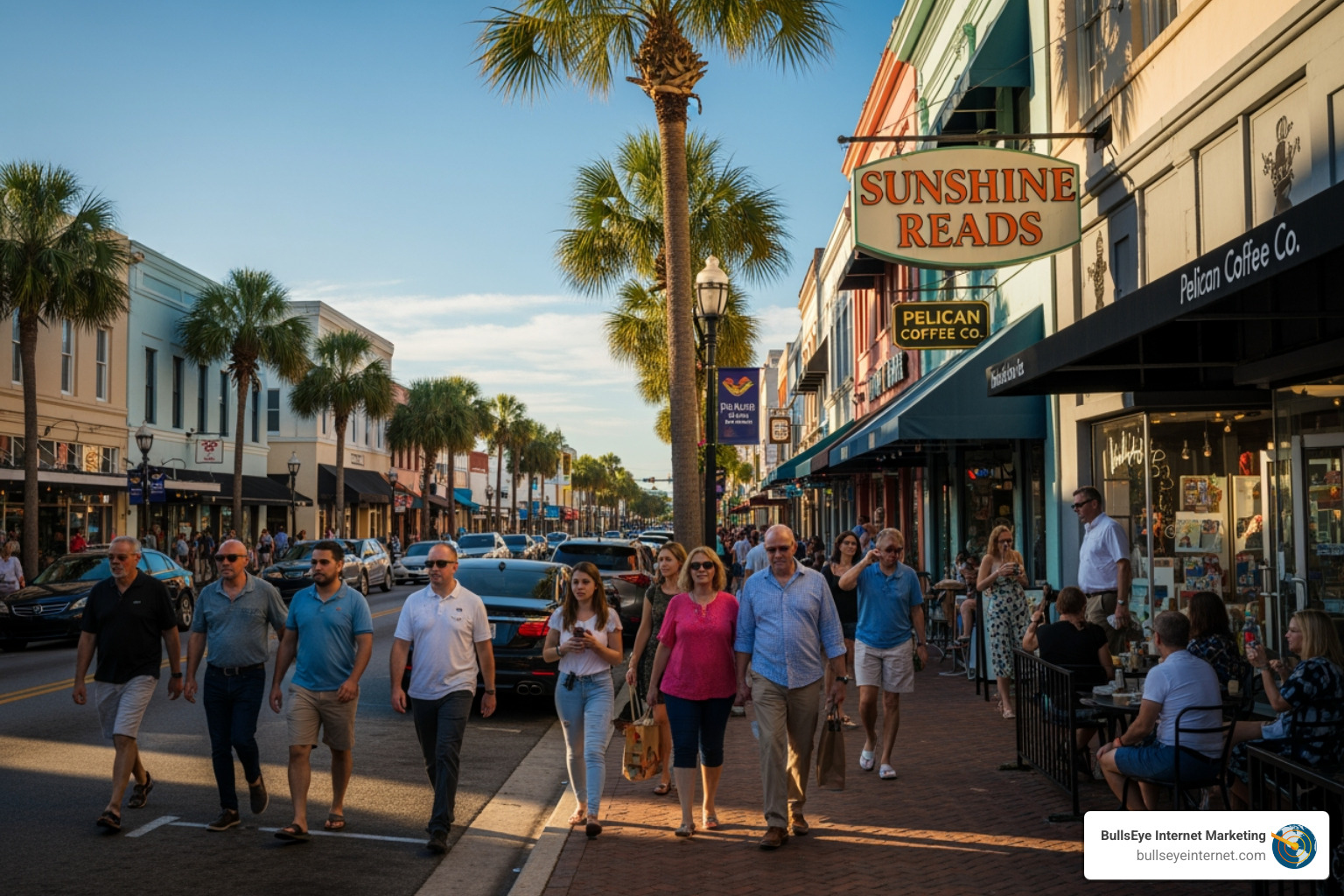 People walking along a vibrant St. Petersburg street lined with shops, palm trees, and a sign for "Sunshine Reads," capturing the city's lively atmosphere and local consumer engagement.