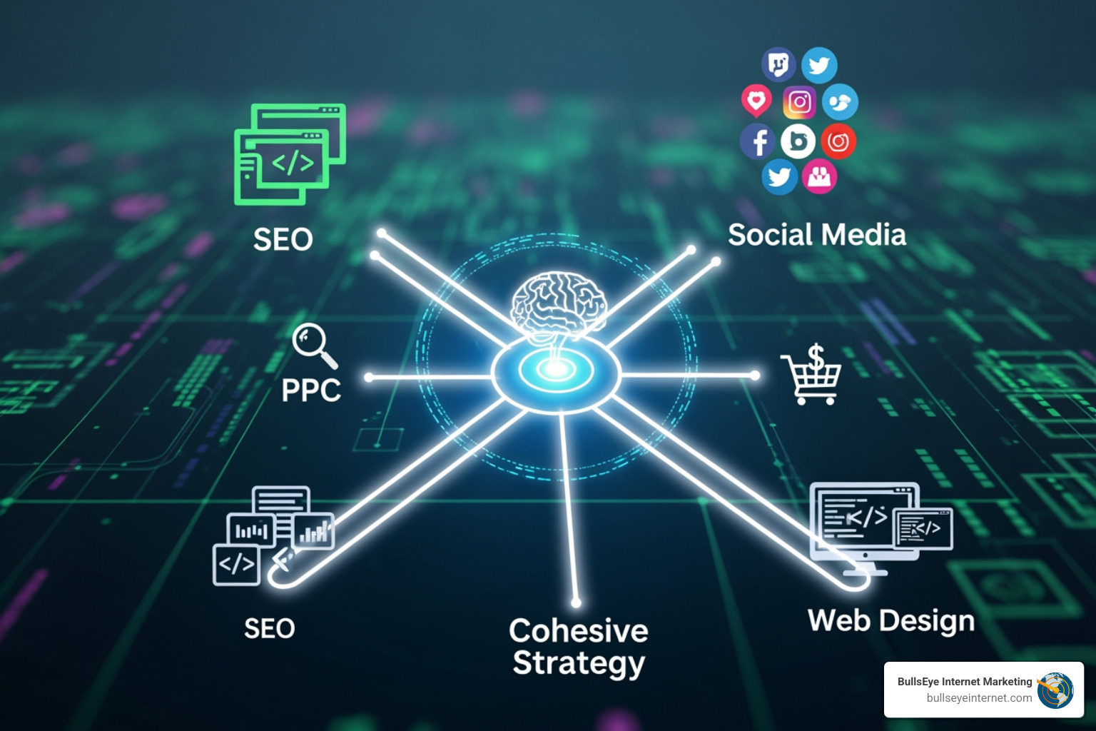 Digital marketing strategy diagram featuring SEO, PPC, social media, and web design, emphasizing cohesive strategy for business growth by BullsEye Internet Marketing in St. Petersburg.