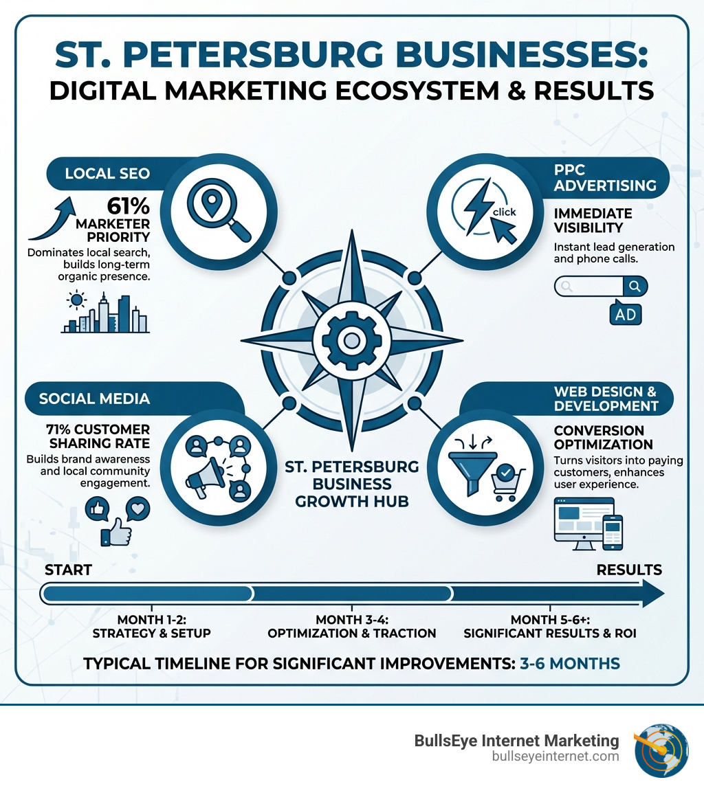 St. Petersburg businesses digital marketing ecosystem infographic highlighting local SEO, PPC advertising, social media engagement, and web design, illustrating key strategies and timeline for significant improvements in marketing results.