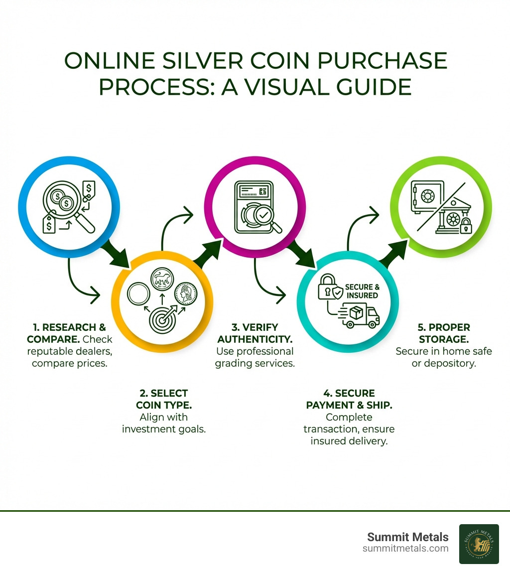 Step-by-step process showing: 1) Research reputable dealers and compare prices 2) Select coin type based on investment goals 3) Verify authenticity through grading services 4) Complete secure payment and insured shipping 5) Store properly in home safe or depository - purchase silver coins online infographic 