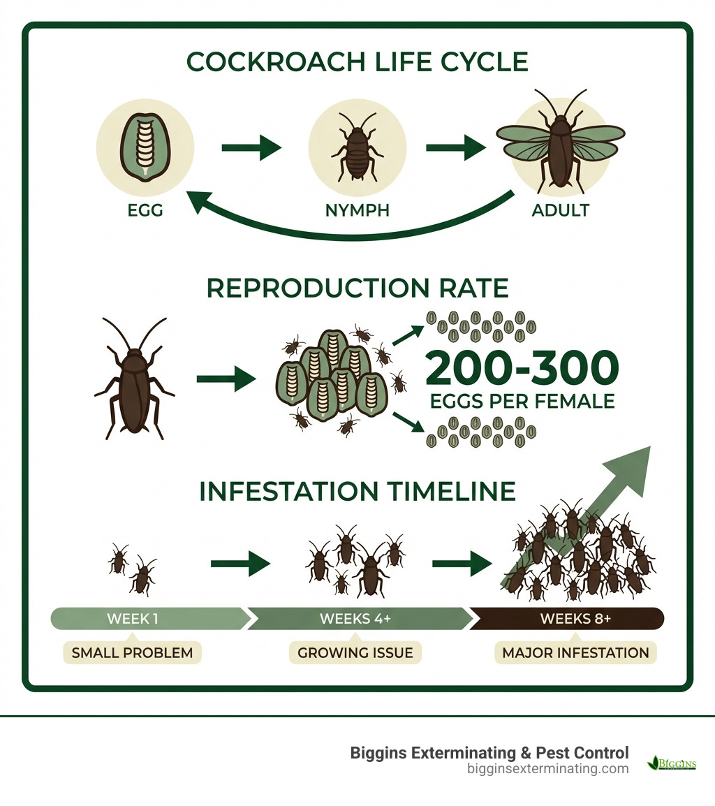 infographic showing cockroach life cycle stages from egg to adult, reproduction rates showing 200-300 eggs per female, and timeline showing how a small problem becomes a major infestation in just weeks - cockroach exterminator Andover infographic 