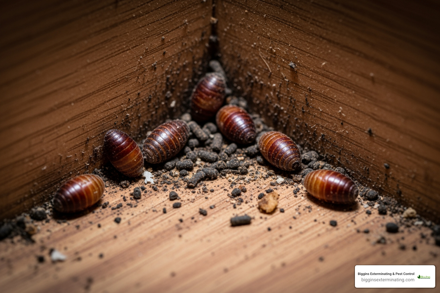 cockroach droppings and egg casings in the corner of a kitchen cabinet - cockroach exterminator Andover
