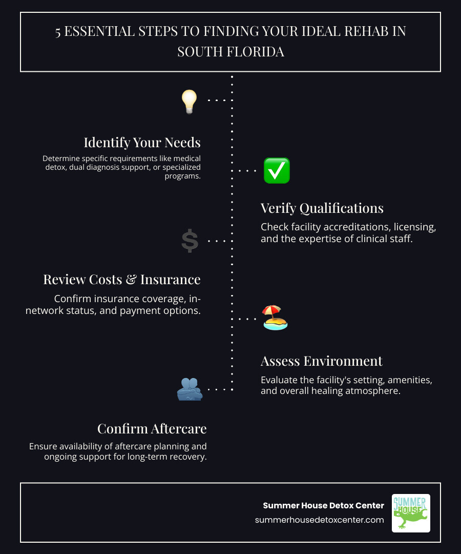 Infographic showing the five essential steps to finding the right rehab in South Florida: 1) Identify your treatment needs (medical detox, dual diagnosis, specialized programs), 2) Verify facility accreditations and staff qualifications, 3) Check insurance coverage and payment options, 4) Tour the facility environment and amenities, 5) Confirm availability of aftercare planning and support - rehab facilities in south florida infographic infographic-line-5-steps-dark