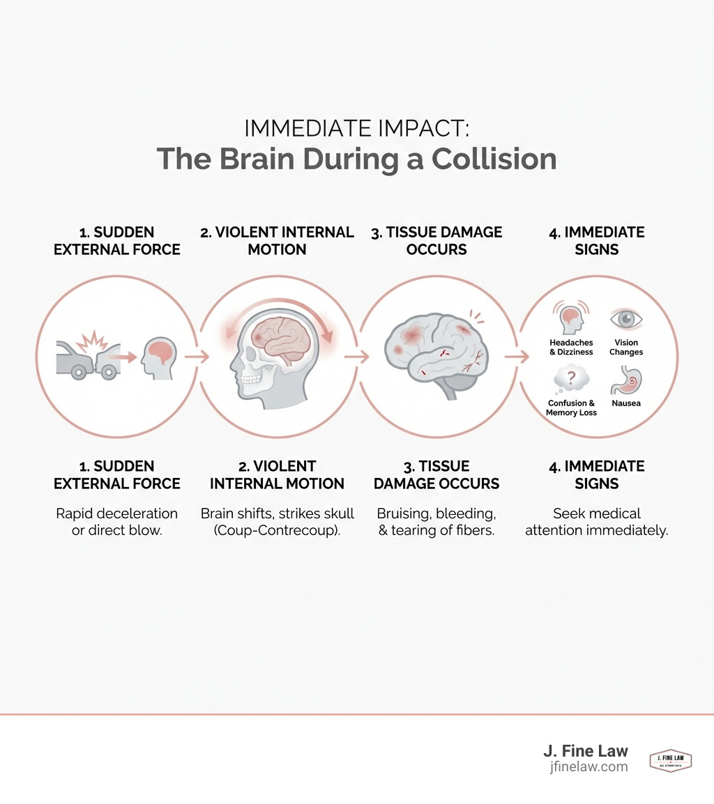 infographic explaining the immediate impact of a collision on the brain - accident brain damage infographic infographic explaining the immediate impact of a collision on the brain - accident brain damage infographic