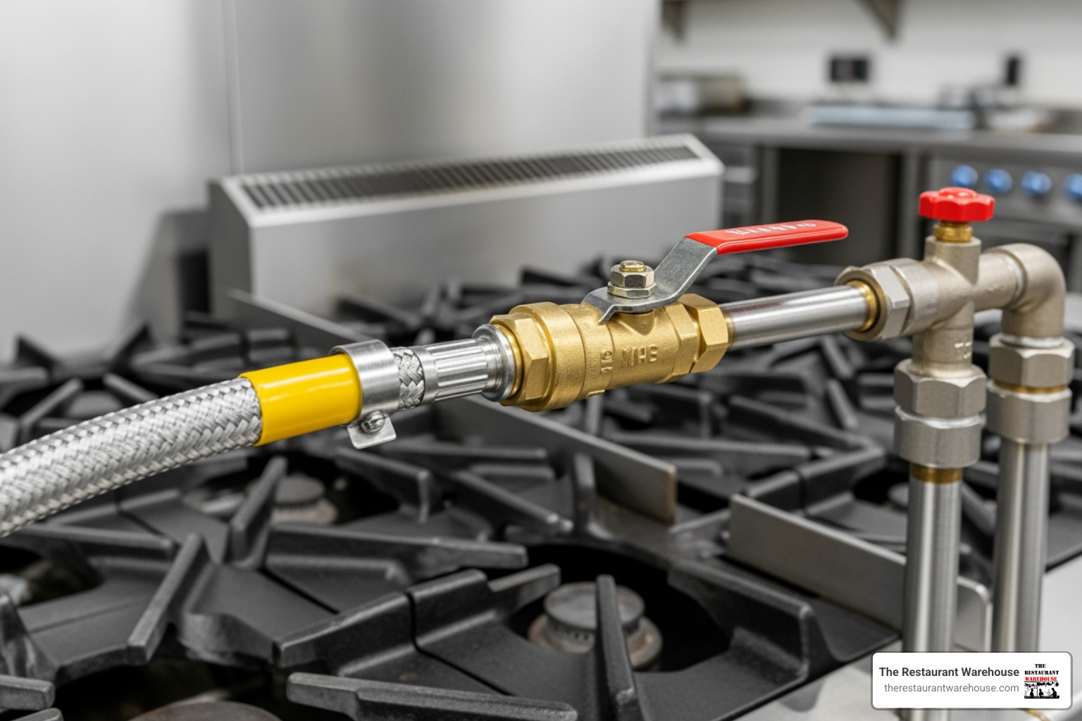 Properly installed gas line with shut-off valve for commercial gas cooktop