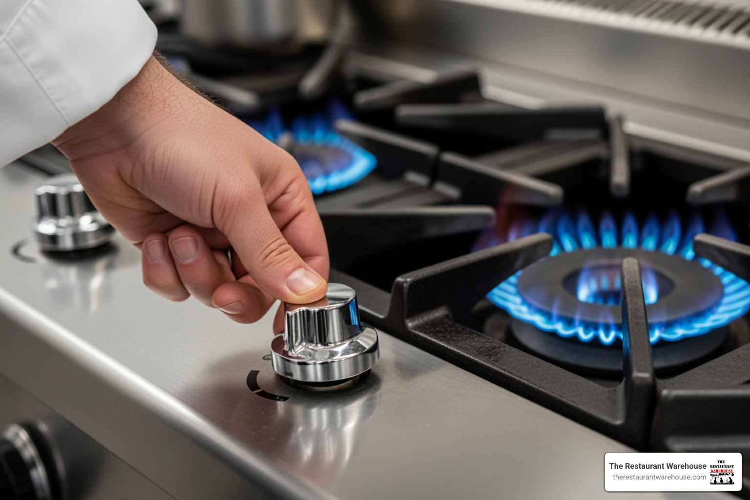 Chef adjusting flame on a commercial gas cooktop burner