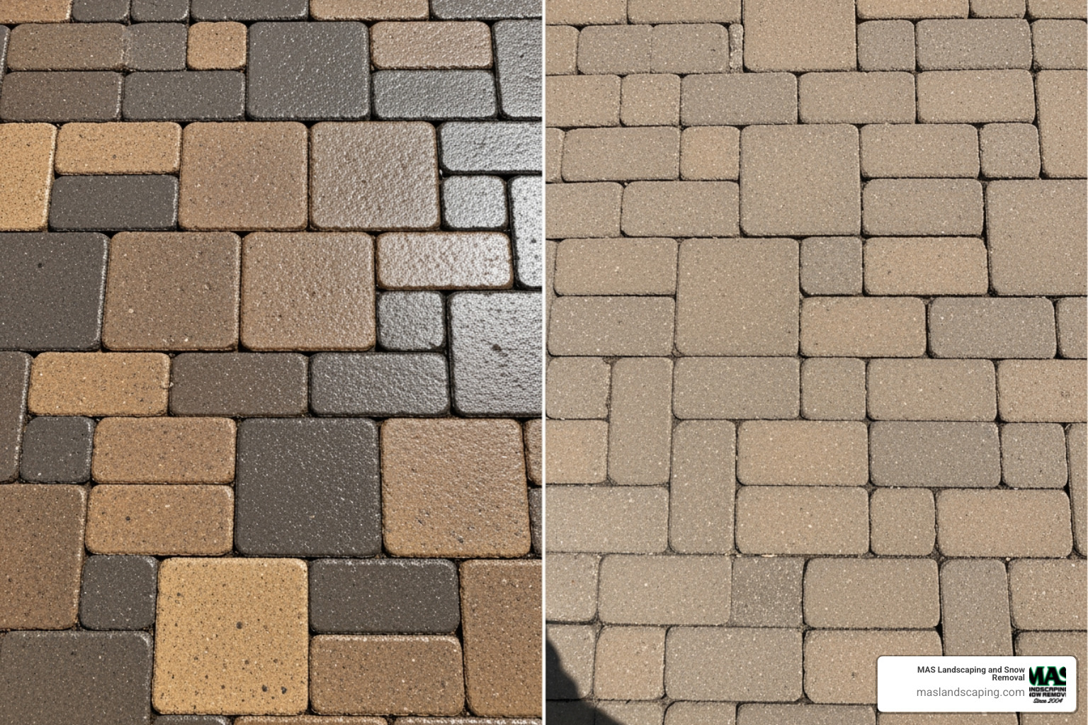 image comparing a film-forming (wet look) and non-film-forming (natural look) paver surface - sealant for pavers image comparing a film-forming (wet look) and non-film-forming (natural look) paver surface - sealant for pavers