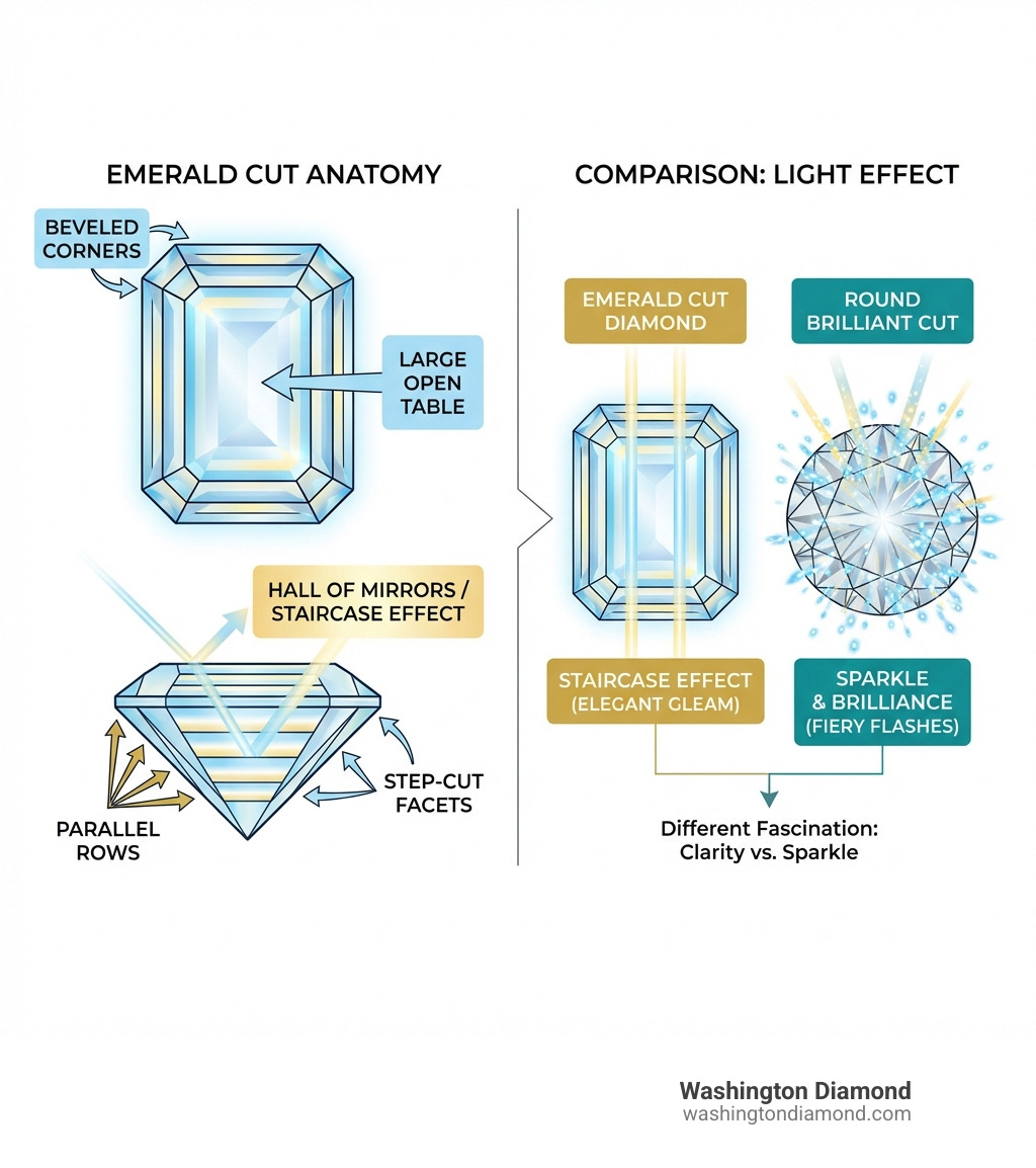 infographic showing emerald cut diamond anatomy with labeled parts including the large open table, step-cut facets arranged in parallel rows, beveled corners, and comparison to brilliant cut facet pattern highlighting the difference between staircase effect versus sparkle - Emerald cut diamond infographic 