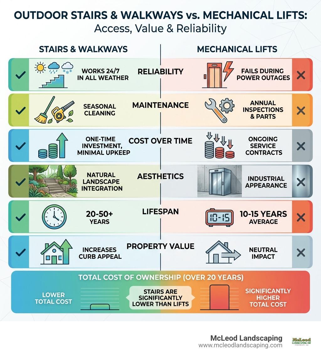 Infographic comparing outdoor stairs and walkways to mechanical lifts: Shows six key benefits in side-by-side comparison format - Reliability (stairs work 24/7 in all weather vs lifts fail during power outages), Maintenance (seasonal cleaning vs annual inspections and parts), Cost Over Time (one-time investment with minimal upkeep vs ongoing service contracts), Aesthetics (natural landscape integration vs industrial appearance), Lifespan (20-50+ years vs 10-15 years), and Property Value (increases curb appeal vs neutral impact). Bottom shows total cost of ownership over 20 years with stairs significantly lower than lifts. - outdoor stairs and walkways not lifts infographic Infographic comparing outdoor stairs and walkways to mechanical lifts: Shows six key benefits in side-by-side comparison format - Reliability (stairs work 24/7 in all weather vs lifts fail during power outages), Maintenance (seasonal cleaning vs annual inspections and parts), Cost Over Time (one-time investment with minimal upkeep vs ongoing service contracts), Aesthetics (natural landscape integration vs industrial appearance), Lifespan (20-50+ years vs 10-15 years), and Property Value (increases curb appeal vs neutral impact). Bottom shows total cost of ownership over 20 years with stairs significantly lower than lifts. - outdoor stairs and walkways not lifts infographic