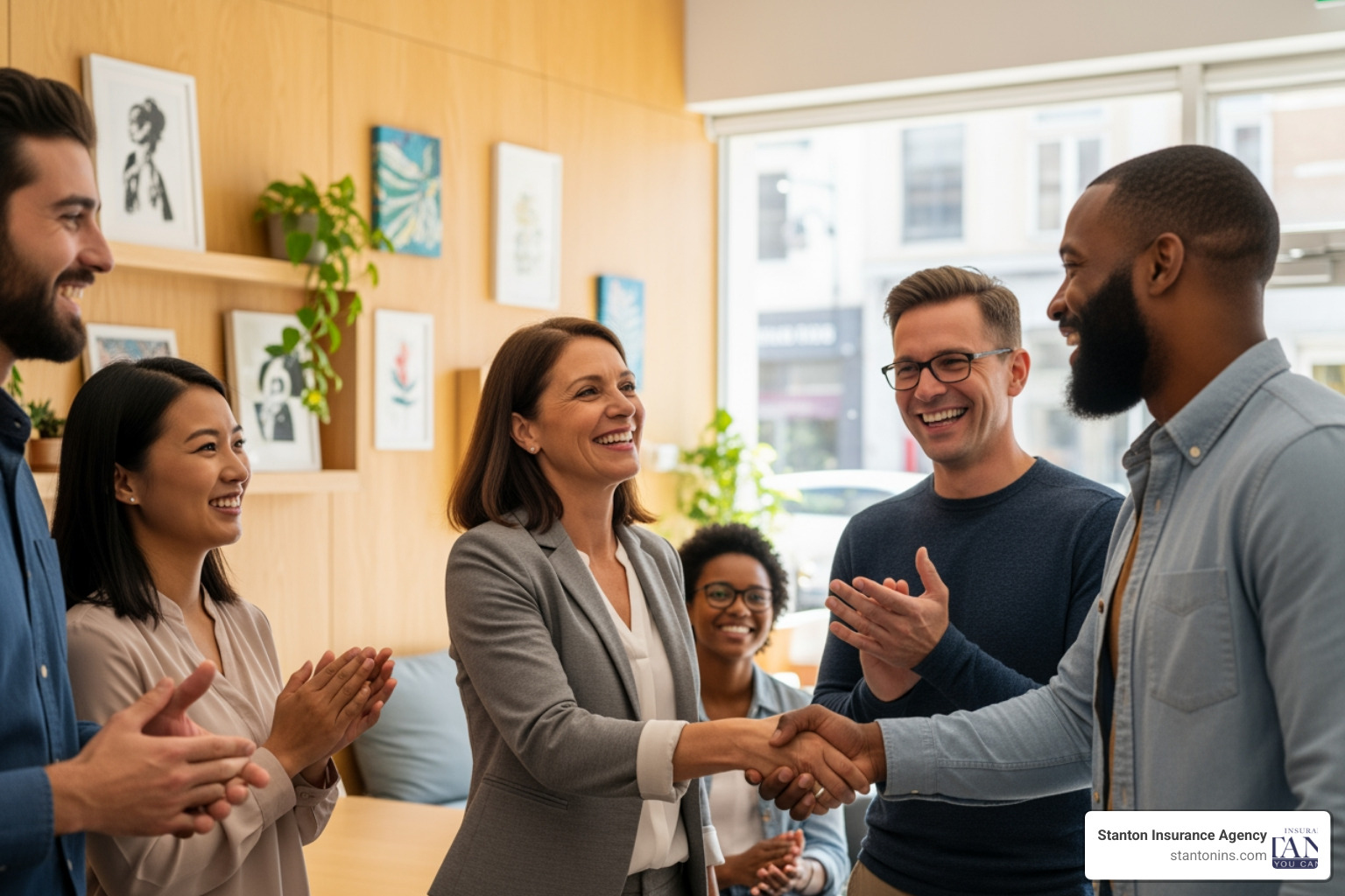 A diverse group of people shaking hands and smiling, symbolizing community and trust in local business relationships. - Independent insurance agency