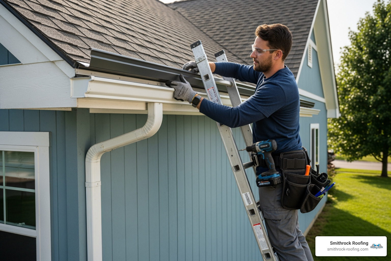 A person safely working on a ladder to install a gutter section, carefully aligning it with the marked slope - gutter installation for homes A person safely working on a ladder to install a gutter section, carefully aligning it with the marked slope - gutter installation for homes