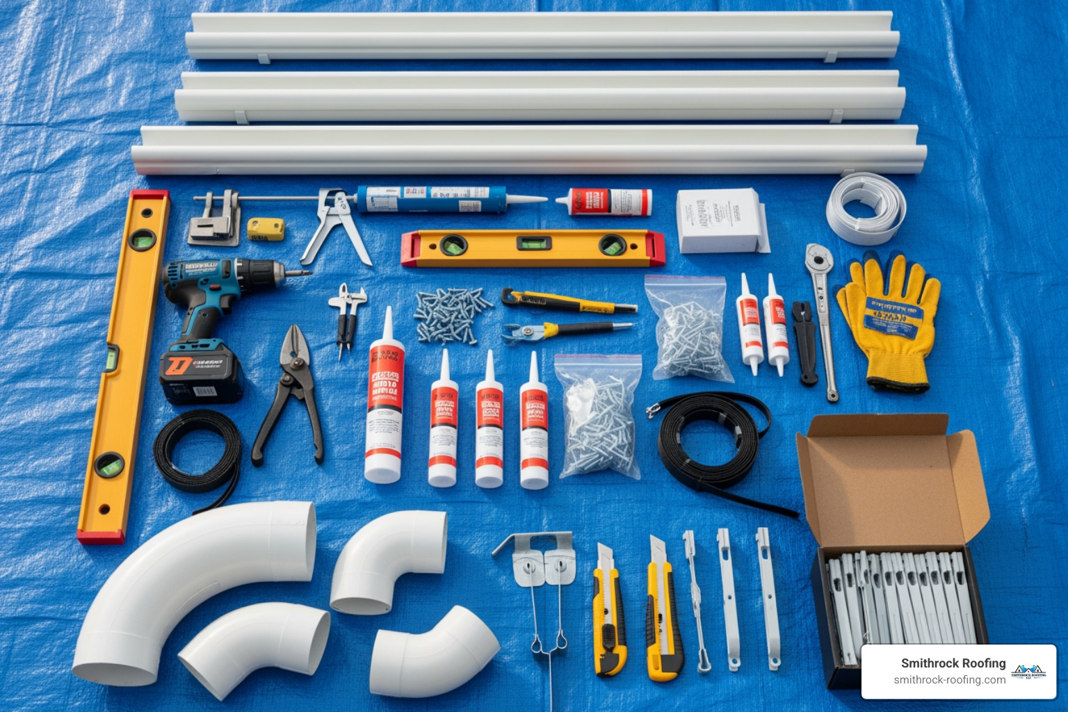 Necessary tools and materials for gutter installation laid out neatly on a tarp - gutter installation for homes Necessary tools and materials for gutter installation laid out neatly on a tarp - gutter installation for homes