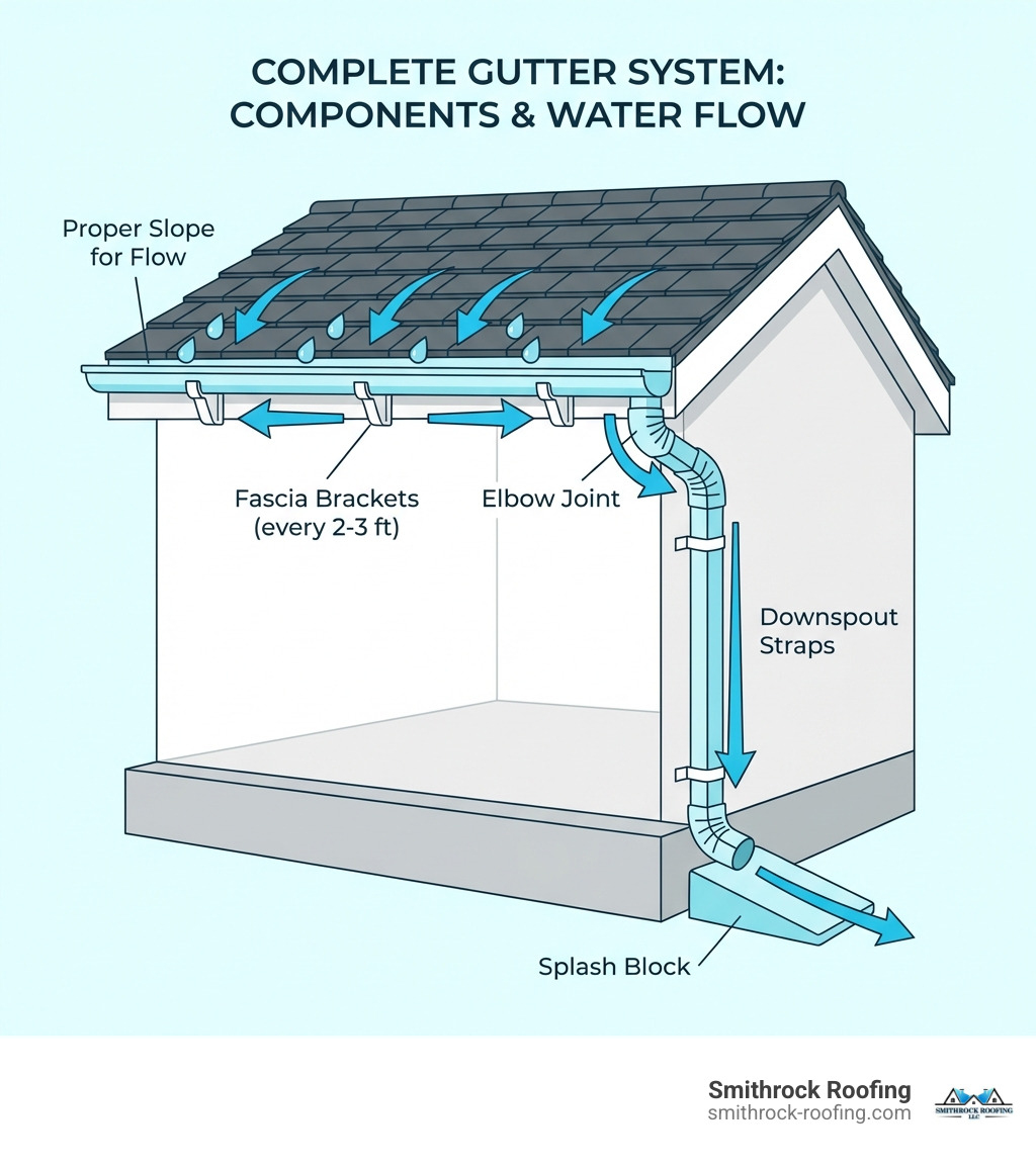 Complete gutter system infographic showing cross-section of a house with labeled components: gutter sections mounted along roofline with proper slope, fascia brackets securing gutters every 2-3 feet, downspout outlets at corners, elbow joints connecting to vertical downspouts, downspout straps securing to wall, splash blocks directing water away from foundation, and arrows showing water flow path from roof through system - gutter installation for homes infographic Complete gutter system infographic showing cross-section of a house with labeled components: gutter sections mounted along roofline with proper slope, fascia brackets securing gutters every 2-3 feet, downspout outlets at corners, elbow joints connecting to vertical downspouts, downspout straps securing to wall, splash blocks directing water away from foundation, and arrows showing water flow path from roof through system - gutter installation for homes infographic