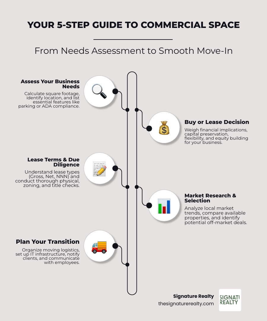 Infographic showing the 6-step commercial space process: 1) Assess Your Needs (square footage, location, features), 2) Buy vs Lease Decision (capital, flexibility, equity), 3) Understand Lease Types (Gross, Net, NNN, key terms), 4) Due Diligence (inspection, zoning, environmental, title), 5) Market Research (trends, comps, off-market deals), 6) Plan Your Move (logistics, IT, notifications, timeline) - Commercial space for business infographic infographic-line-5-steps-elegant_beige Infographic showing the 6-step commercial space process: 1) Assess Your Needs (square footage, location, features), 2) Buy vs Lease Decision (capital, flexibility, equity), 3) Understand Lease Types (Gross, Net, NNN, key terms), 4) Due Diligence (inspection, zoning, environmental, title), 5) Market Research (trends, comps, off-market deals), 6) Plan Your Move (logistics, IT, notifications, timeline) - Commercial space for business infographic infographic-line-5-steps-elegant_beige