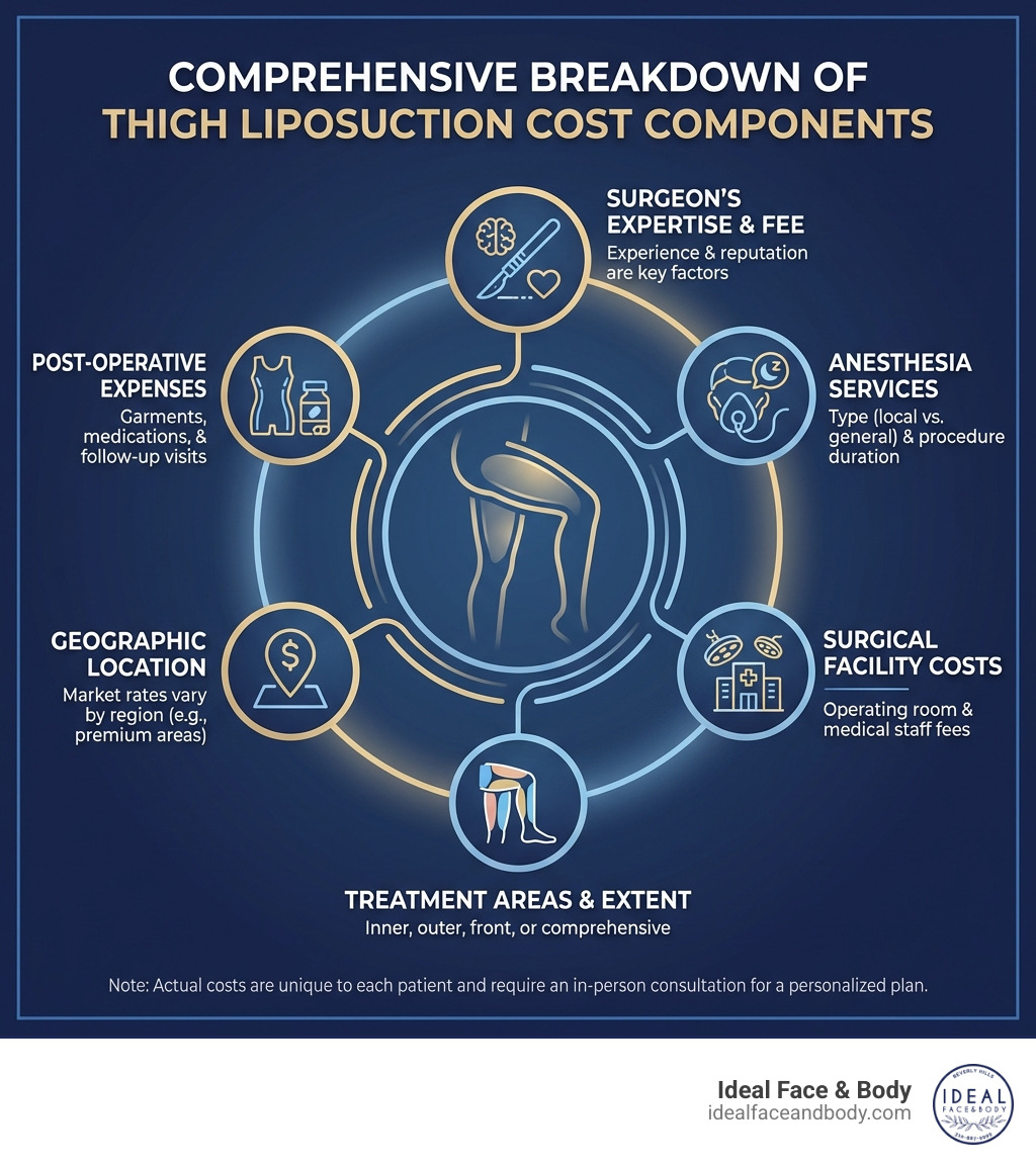 Comprehensive breakdown of thigh liposuction cost components including surgeon fees, facility costs, anesthesia, treatment areas, geographic factors, and post-operative care expenses - lipo on thighs cost infographic Comprehensive breakdown of thigh liposuction cost components including surgeon fees, facility costs, anesthesia, treatment areas, geographic factors, and post-operative care expenses - lipo on thighs cost infographic