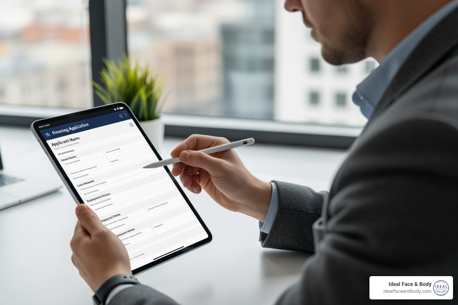 person reviewing a financing application on a tablet - lipo on thighs cost person reviewing a financing application on a tablet - lipo on thighs cost