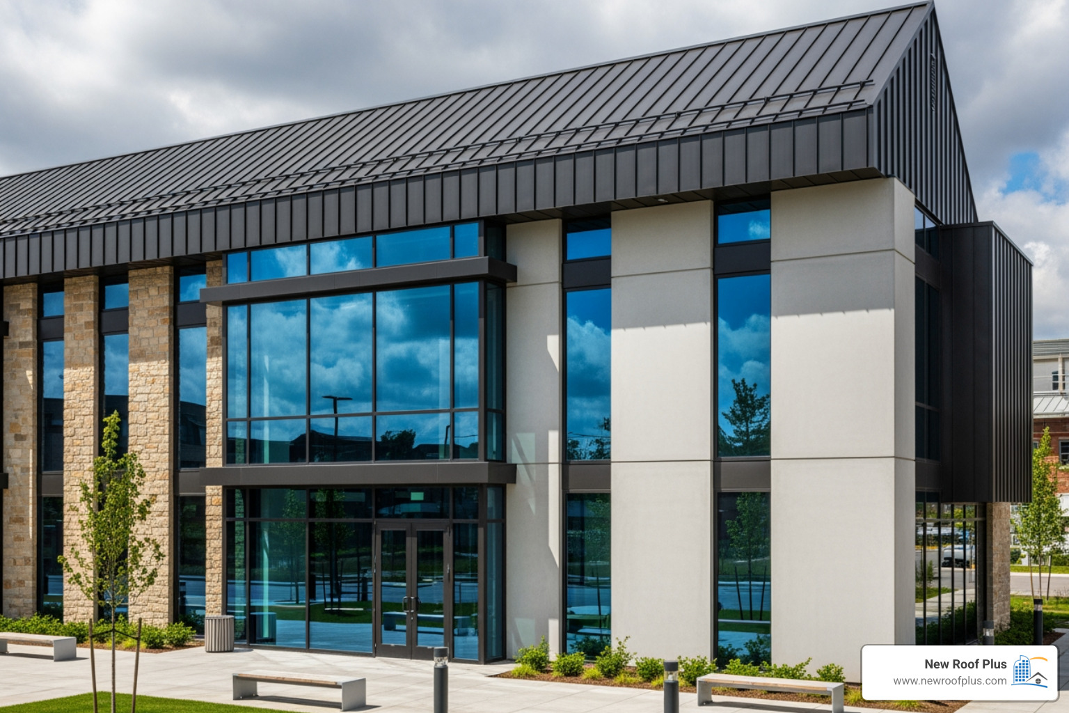 commercial building with sleek dark metal roof - metal roofing denver