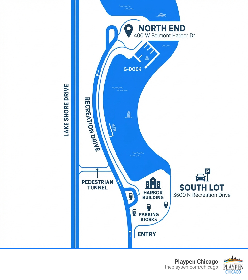 Infographic showing a simplified map of Belmont Harbor with the North End at 400 W Belmont Harbor Dr, South Lot at 3600 N Recreation Drive, Lake Shore Drive running along the west side, and Recreation Drive as the main access road curving through the harbor. Key landmarks labeled include G-dock at the north end, the Harbor Building at the south, parking kiosks, and the pedestrian tunnel under Lake Shore Drive. - belmont harbor south infographic Infographic showing a simplified map of Belmont Harbor with the North End at 400 W Belmont Harbor Dr, South Lot at 3600 N Recreation Drive, Lake Shore Drive running along the west side, and Recreation Drive as the main access road curving through the harbor. Key landmarks labeled include G-dock at the north end, the Harbor Building at the south, parking kiosks, and the pedestrian tunnel under Lake Shore Drive. - belmont harbor south infographic