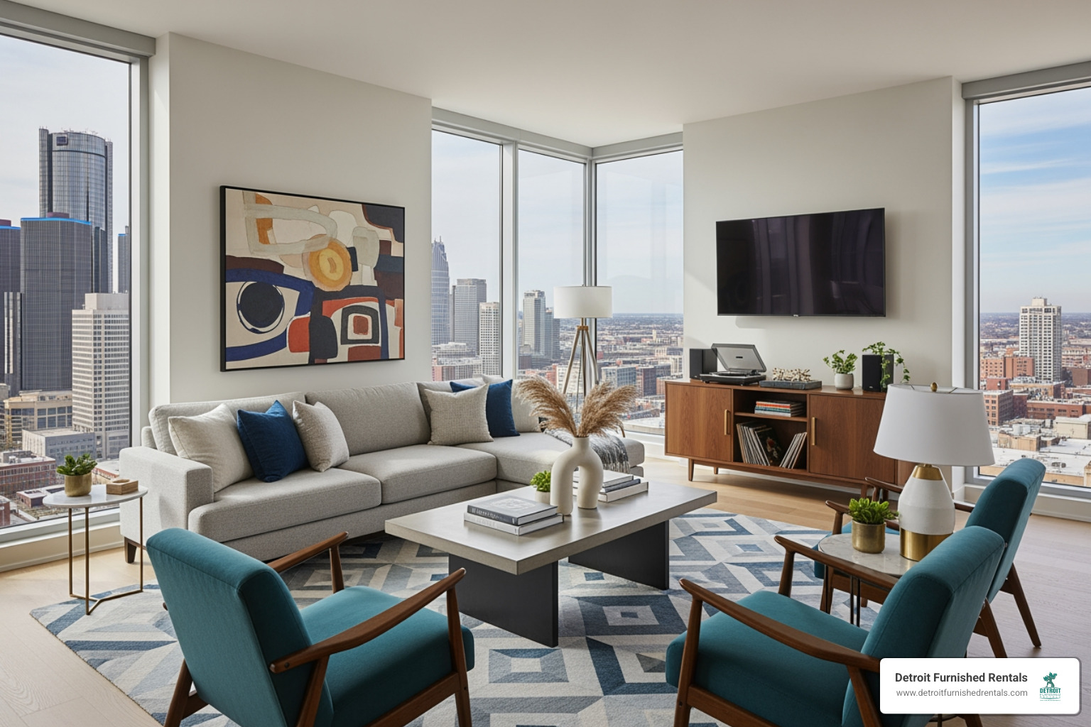 Stylish furnished living room in a Detroit apartment - temporary housing in Detroit