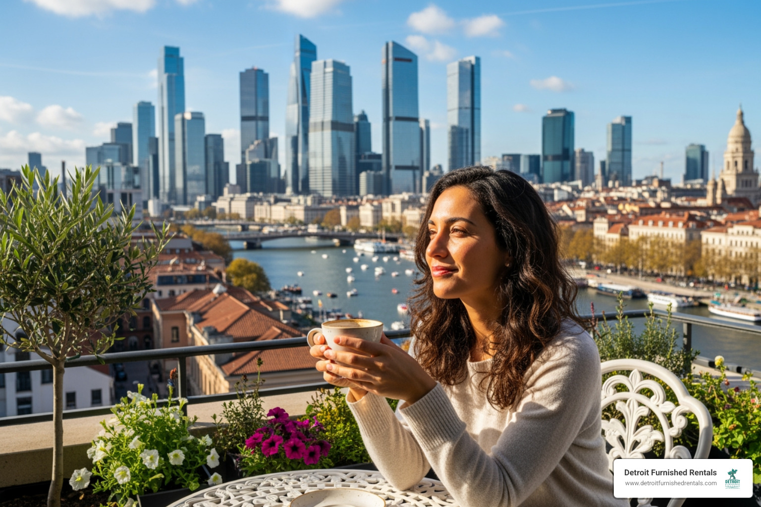Person enjoying coffee on a balcony with a city view - temporary housing in Detroit