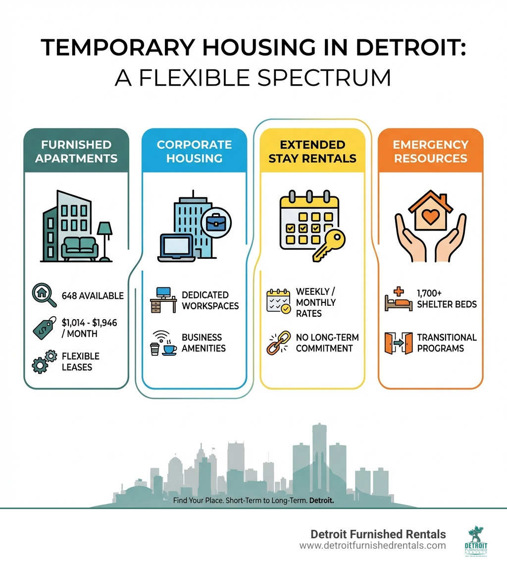 Infographic showing types of temporary housing in Detroit: Furnished Apartments (648 available, $1,014-$1,946/month, flexible leases), Corporate Housing (dedicated workspaces, business amenities), Extended Stay Rentals (weekly/monthly rates), and Emergency Resources (1,700+ shelter beds, transitional programs) - temporary housing in Detroit infographic 