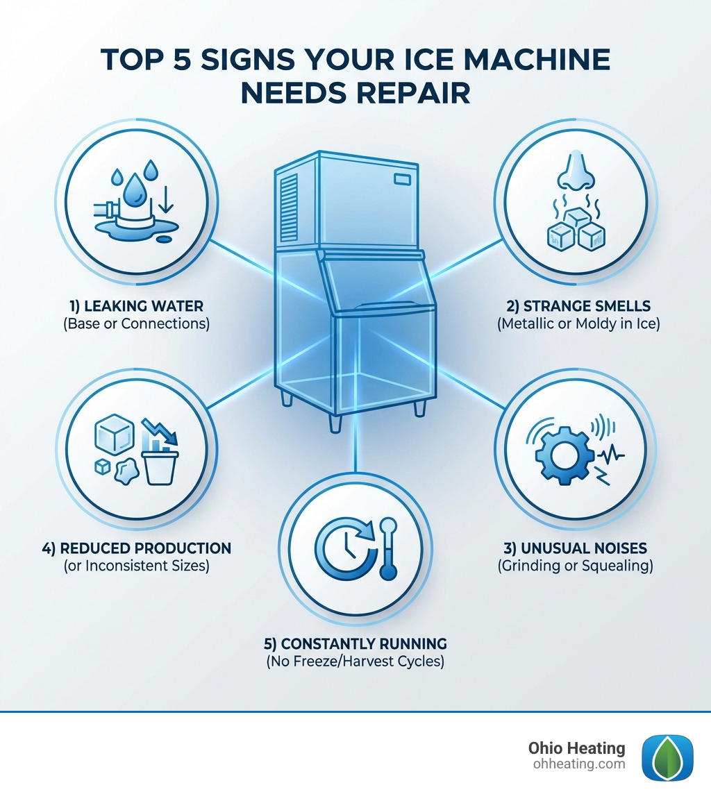 Infographic showing the top 5 signs your ice machine needs repair: 1) Leaking water around the base or connections, 2) Strange metallic or moldy smells transferring to ice, 3) Unusual grinding or squealing noises from internal components, 4) Reduced ice production or inconsistent cube sizes, 5) Machine constantly running without entering proper freeze/harvest cycles - ice machine service and repair infographic 