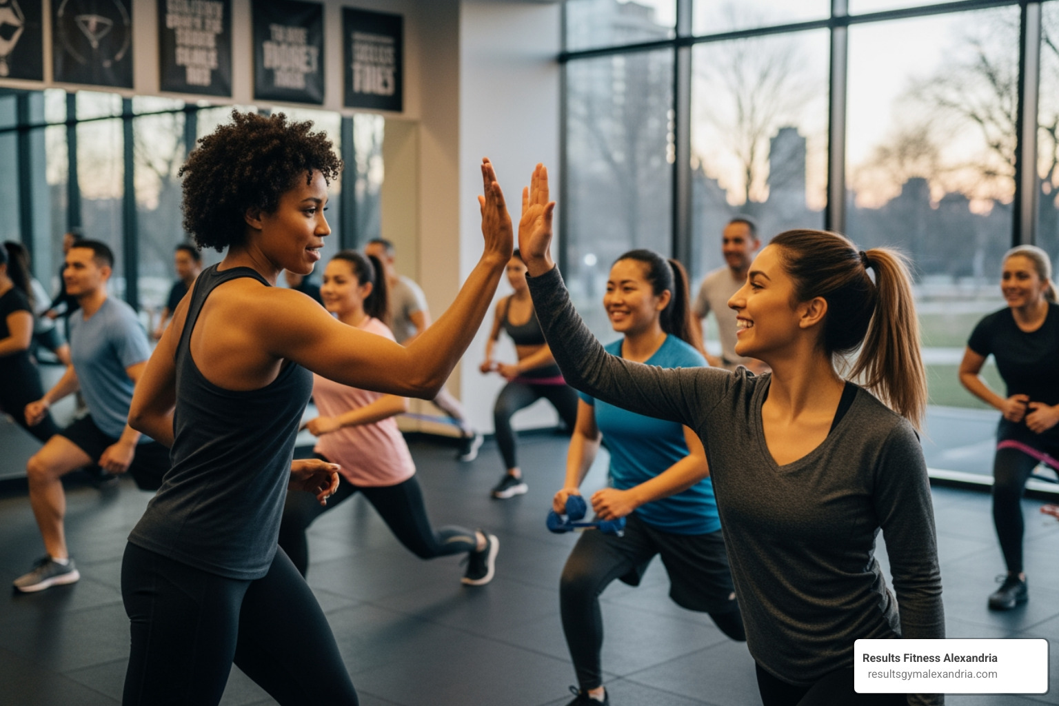 image of a trainer smiling and high-fiving class participants - can a personal trainer teach group fitness classes