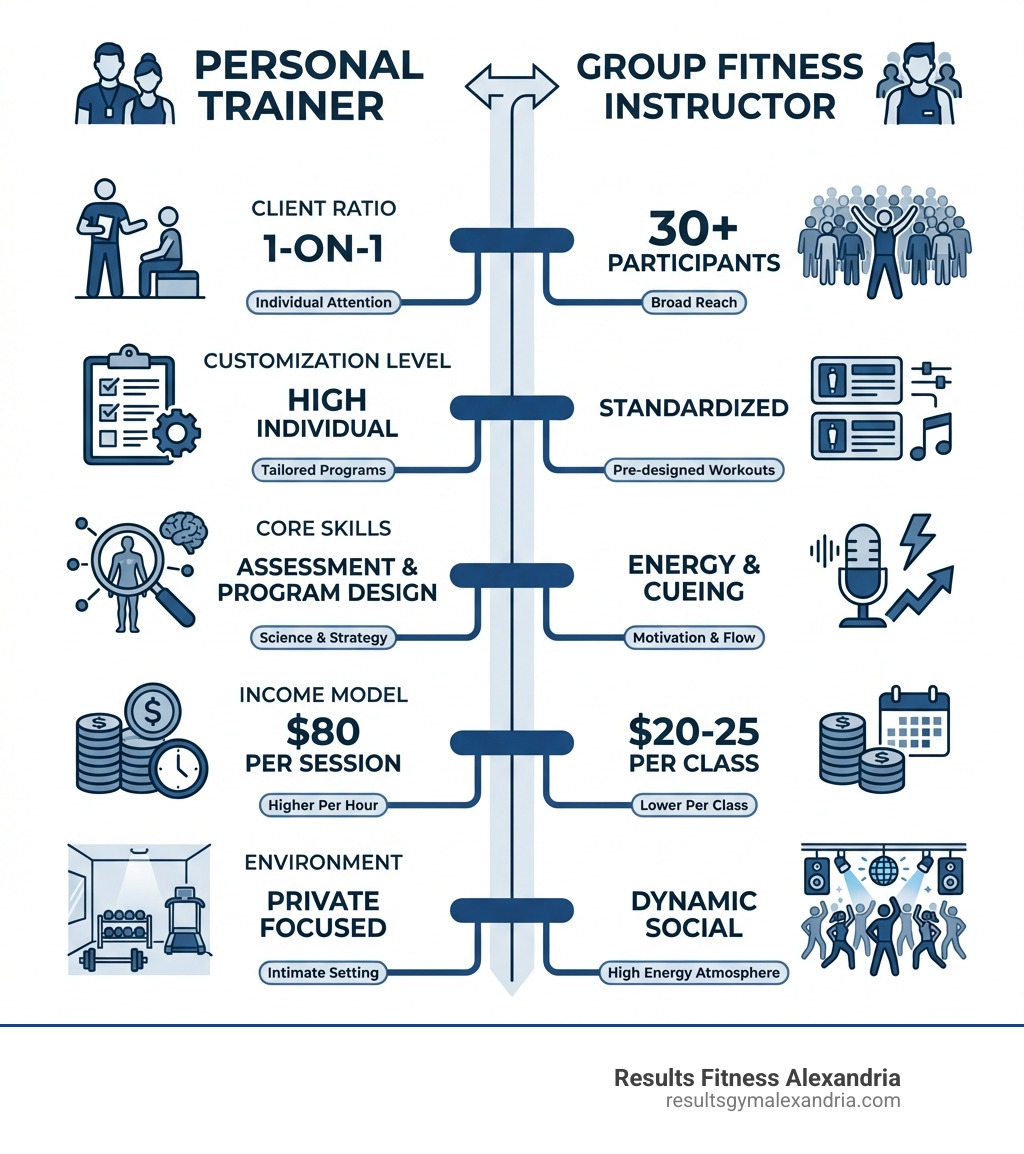 Infographic comparing personal trainer and group fitness instructor roles, showing key differences in client ratio (1-on-1 vs 30+ participants), customization level (high individual vs standardized), core skills (assessment and program design vs energy and cueing), income model ($80 per session vs $20-25 per class), and environment (private focused vs dynamic social) - can a personal trainer teach group fitness classes infographic 