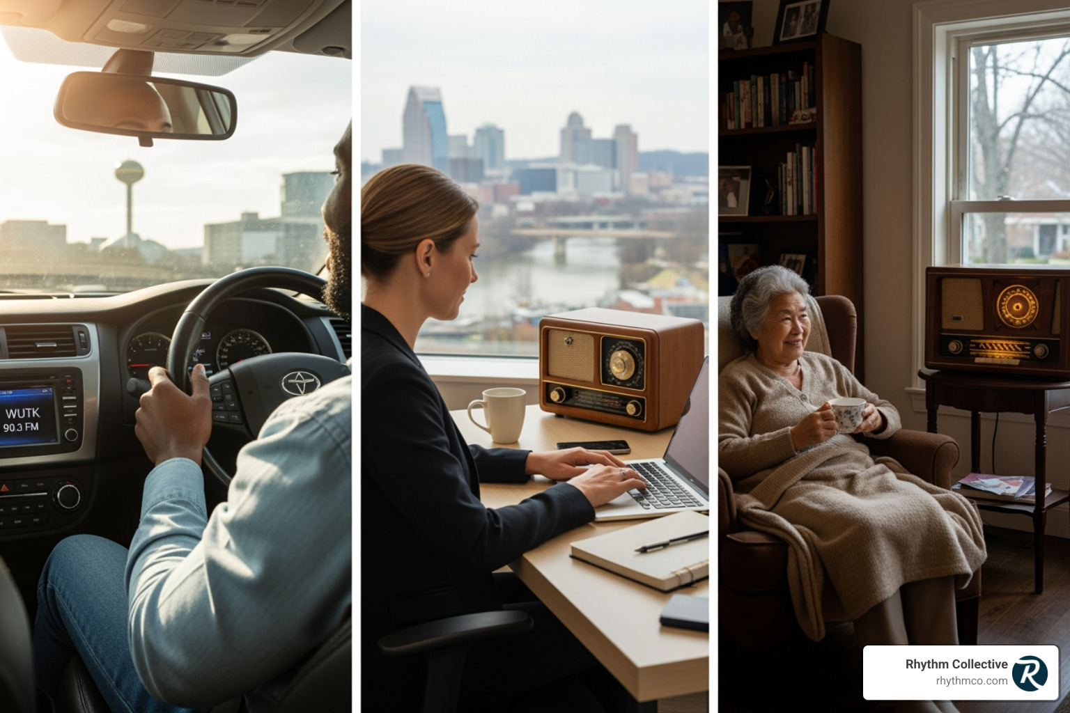 a diverse group of people in Knoxville listening to the radio in different settings (car, work, home) - radio advertising Knoxville a diverse group of people in Knoxville listening to the radio in different settings (car, work, home) - radio advertising Knoxville