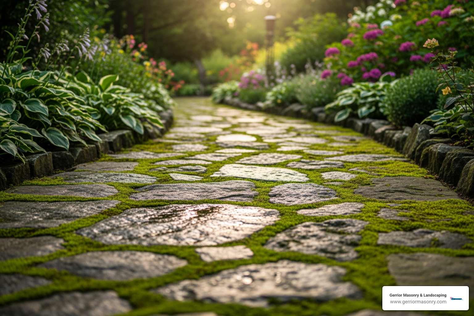 rustic, irregular flagstone path with moss - outdoor stone pathway ideas