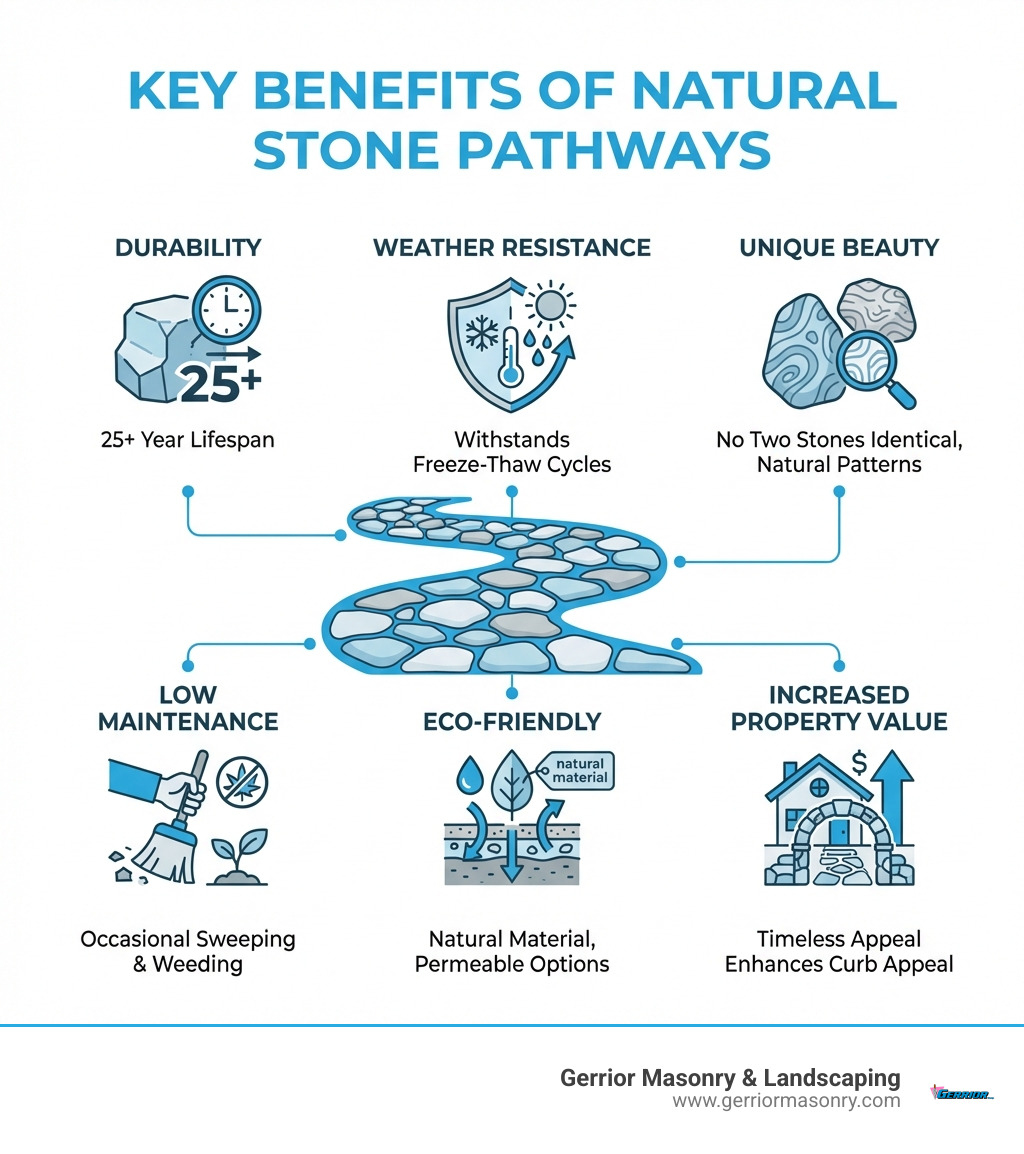 Infographic showing the key benefits of natural stone pathways: Durability (25+ year lifespan), Weather Resistance (withstands freeze-thaw cycles), Unique Beauty (no two stones are identical, natural patterns and textures), Low Maintenance (requires only occasional sweeping and weeding), Eco-Friendly (natural material, permeable options available), and Increased Property Value (timeless appeal enhances curb appeal) - outdoor stone pathway ideas infographic 