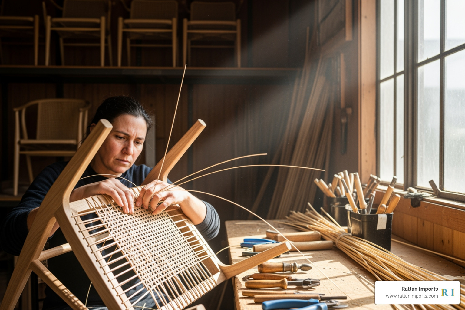 Rattan artisan weaving a chair - Rattan furniture specialists