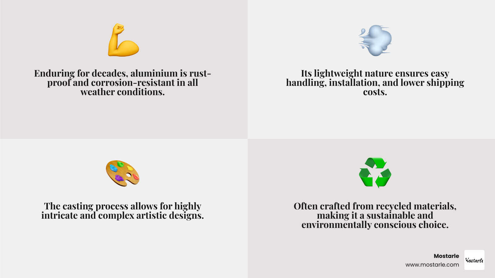Infographic showing aluminium's key attributes: Weight, Durability in extreme weather, Rust/Corrosion Resistance, Cost-Effectiveness, Maintenance, and Artistic Detail - aluminium garden sculpture infographic 4_facts_emoji_grey Infographic showing aluminium's key attributes: Weight, Durability in extreme weather, Rust/Corrosion Resistance, Cost-Effectiveness, Maintenance, and Artistic Detail - aluminium garden sculpture infographic 4_facts_emoji_grey