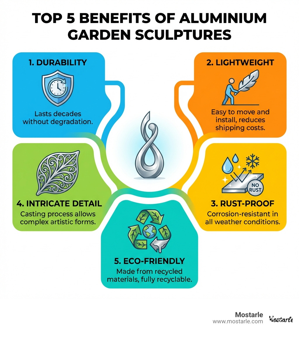 Infographic showing the top 5 benefits of aluminium garden sculptures: 1. Durability - lasts decades without degradation, 2. Lightweight - easy to move and install, reduces shipping costs, 3. Rust-Proof - corrosion-resistant in all weather conditions, 4. Intricate Detail - casting process allows complex artistic forms, 5. Eco-Friendly - made from recycled materials, fully recyclable - aluminium garden sculpture infographic Infographic showing the top 5 benefits of aluminium garden sculptures: 1. Durability - lasts decades without degradation, 2. Lightweight - easy to move and install, reduces shipping costs, 3. Rust-Proof - corrosion-resistant in all weather conditions, 4. Intricate Detail - casting process allows complex artistic forms, 5. Eco-Friendly - made from recycled materials, fully recyclable - aluminium garden sculpture infographic