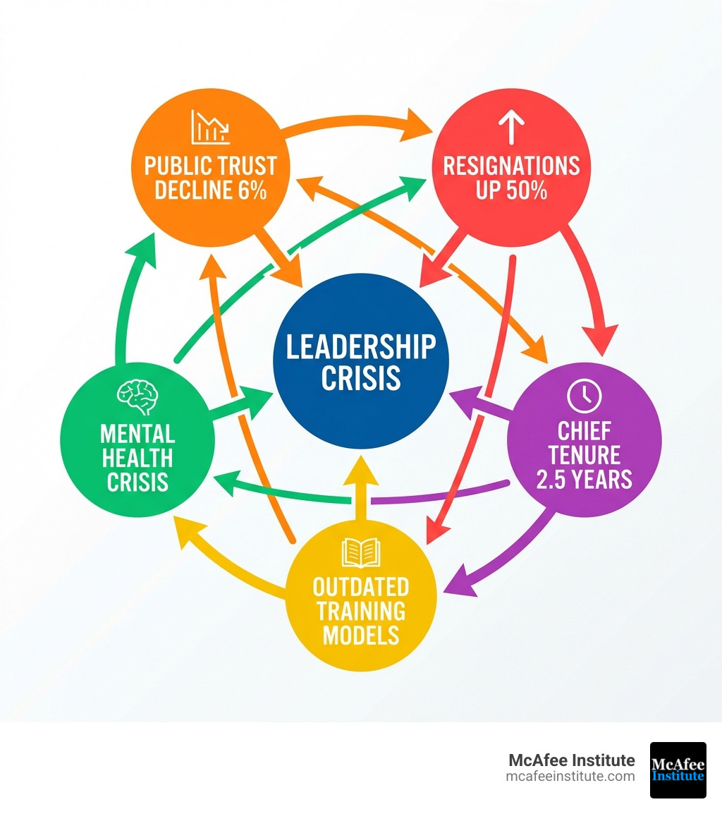 Infographic showing the interconnected nature of modern law enforcement leadership challenges: a central circle labeled "Leadership Crisis" with five connecting circles showing "Public Trust Decline 6%", "Resignations Up 50%", "Chief Tenure 2.5 Years", "Mental Health Crisis", and "Outdated Training Models", with arrows indicating how each challenge reinforces the others - modern leadership challenges in law enforcement infographic