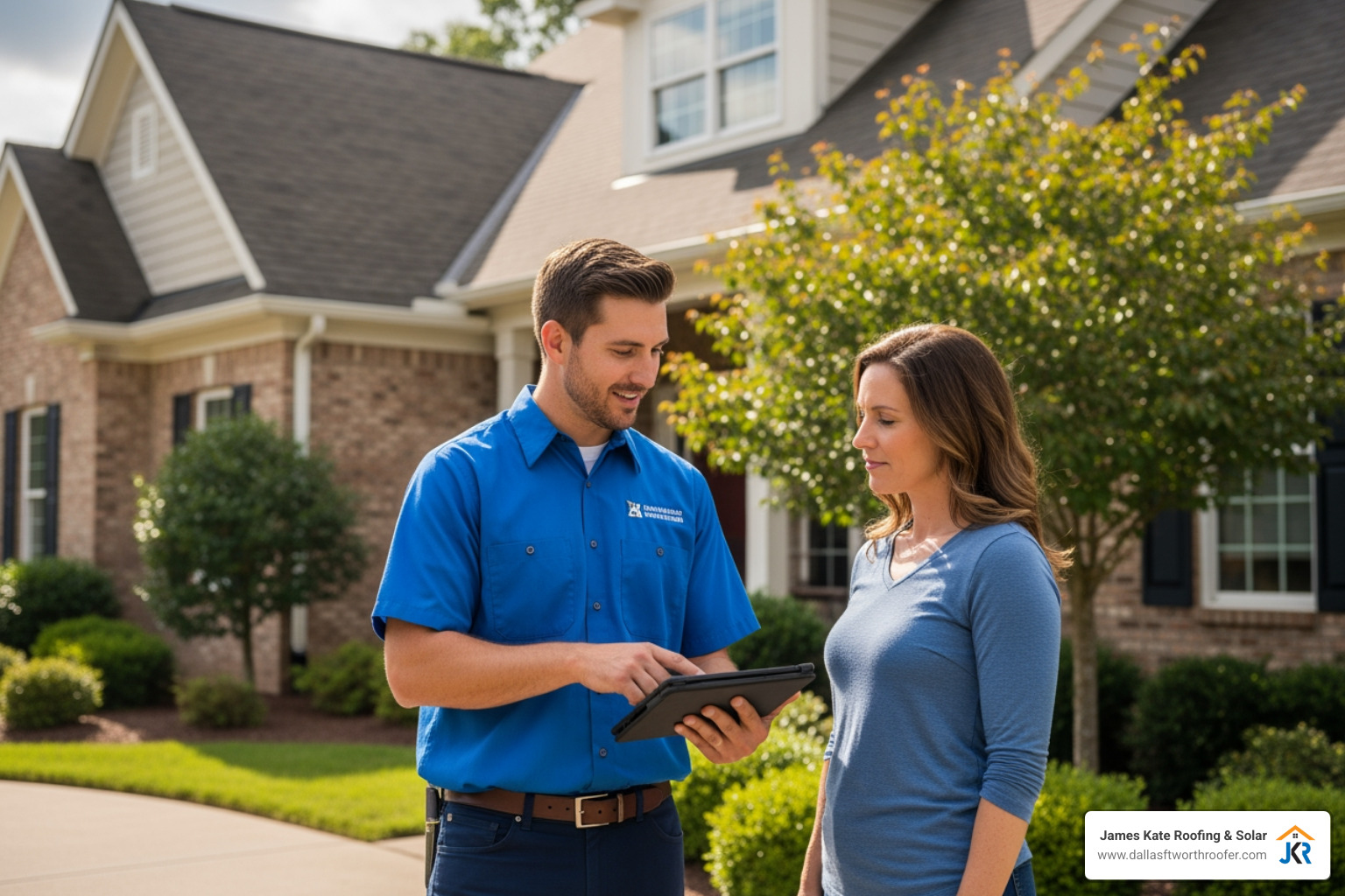 Image of a friendly roofer in a royal blue James Kate Roofing shirt discussing an inspection report on a tablet with a homeowner. - arlington tx roofer Image of a friendly roofer in a royal blue James Kate Roofing shirt discussing an inspection report on a tablet with a homeowner. - arlington tx roofer
