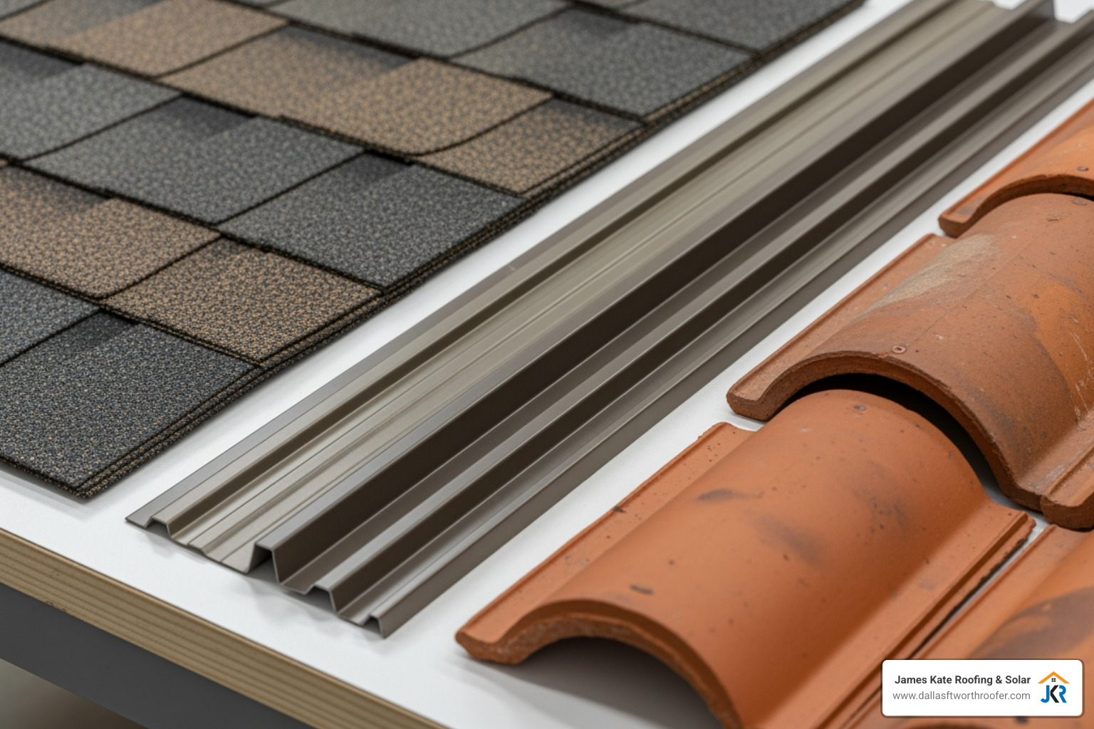 Image of various roofing material samples, including impact-resistant asphalt shingles, standing seam metal, and clay tile. - arlington tx roofer Image of various roofing material samples, including impact-resistant asphalt shingles, standing seam metal, and clay tile. - arlington tx roofer