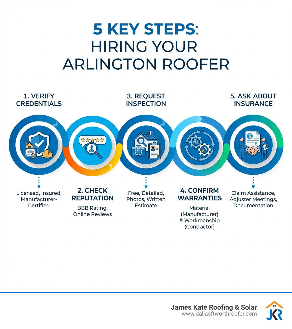 Infographic showing 5 key steps to hiring the right Arlington roofer: 1) Verify the roofer is licensed, insured, and manufacturer-certified, 2) Check BBB rating and online reviews for local reputation, 3) Request a free detailed inspection with photos and written estimate, 4) Confirm both material warranty from manufacturer and workmanship warranty from contractor, 5) Ask about insurance claim assistance including adjuster meetings and documentation - arlington tx roofer infographic Infographic showing 5 key steps to hiring the right Arlington roofer: 1) Verify the roofer is licensed, insured, and manufacturer-certified, 2) Check BBB rating and online reviews for local reputation, 3) Request a free detailed inspection with photos and written estimate, 4) Confirm both material warranty from manufacturer and workmanship warranty from contractor, 5) Ask about insurance claim assistance including adjuster meetings and documentation - arlington tx roofer infographic