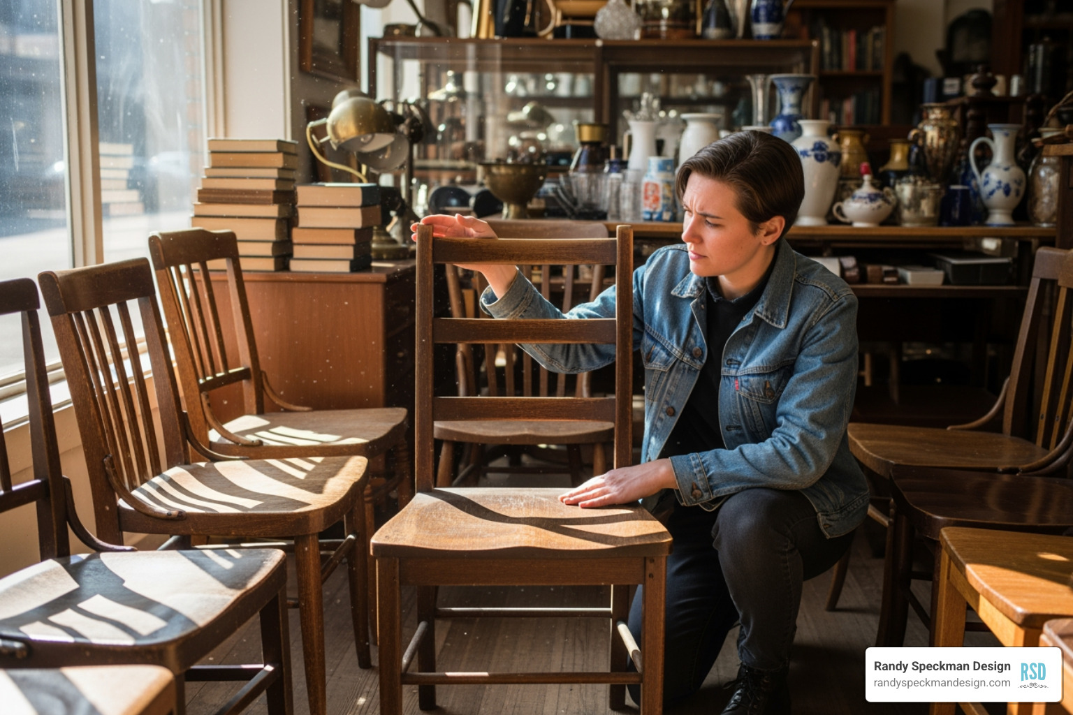 person inspecting a used piece of furniture before buying - cheapest website for online shopping