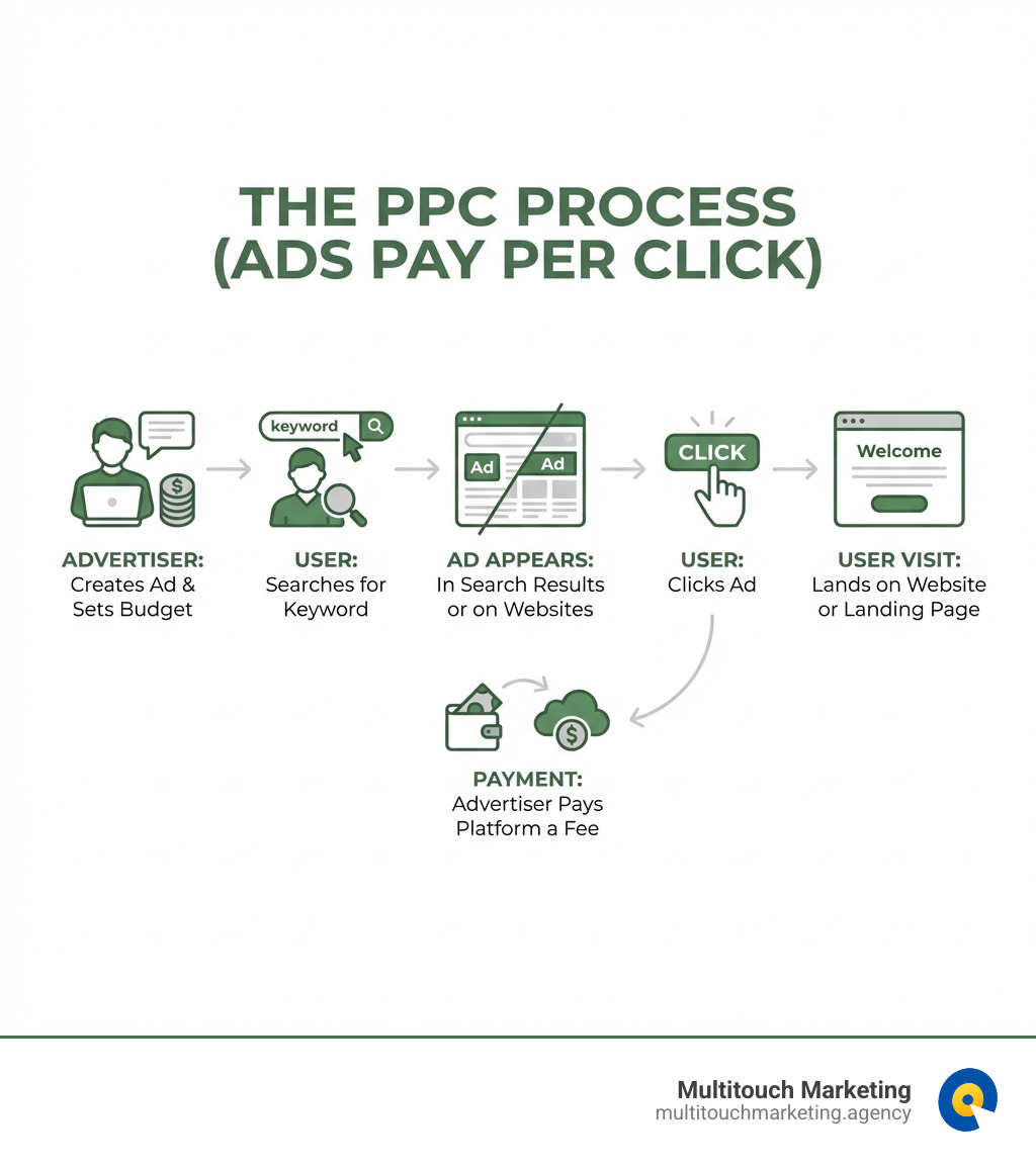infographic showing the PPC process: advertiser creates ad and sets budget, user searches for keyword, ad appears in search results or on websites, user clicks ad, advertiser pays the platform a fee, user visits website or landing page - ads pay per click infographic infographic showing the PPC process: advertiser creates ad and sets budget, user searches for keyword, ad appears in search results or on websites, user clicks ad, advertiser pays the platform a fee, user visits website or landing page - ads pay per click infographic