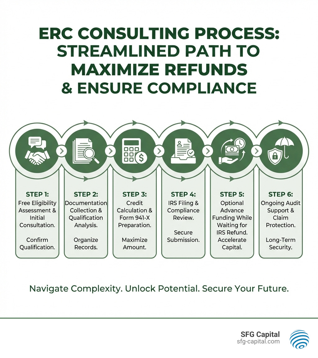 Infographic showing ERC consulting process: Step 1 - Free eligibility assessment and initial consultation. Step 2 - Documentation collection and qualification analysis. Step 3 - Credit calculation and Form 941-X preparation. Step 4 - IRS filing and compliance review. Step 5 - Optional advance funding while waiting for IRS refund. Step 6 - Ongoing audit support and claim protection. - ERC consulting services infographic Infographic showing ERC consulting process: Step 1 - Free eligibility assessment and initial consultation. Step 2 - Documentation collection and qualification analysis. Step 3 - Credit calculation and Form 941-X preparation. Step 4 - IRS filing and compliance review. Step 5 - Optional advance funding while waiting for IRS refund. Step 6 - Ongoing audit support and claim protection. - ERC consulting services infographic
