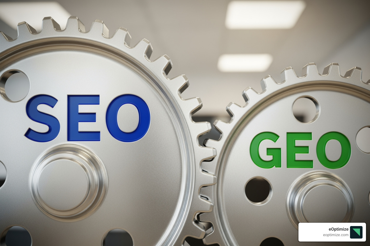 gears labeled "SEO" and "GEO" working together smoothly - seo vs geo