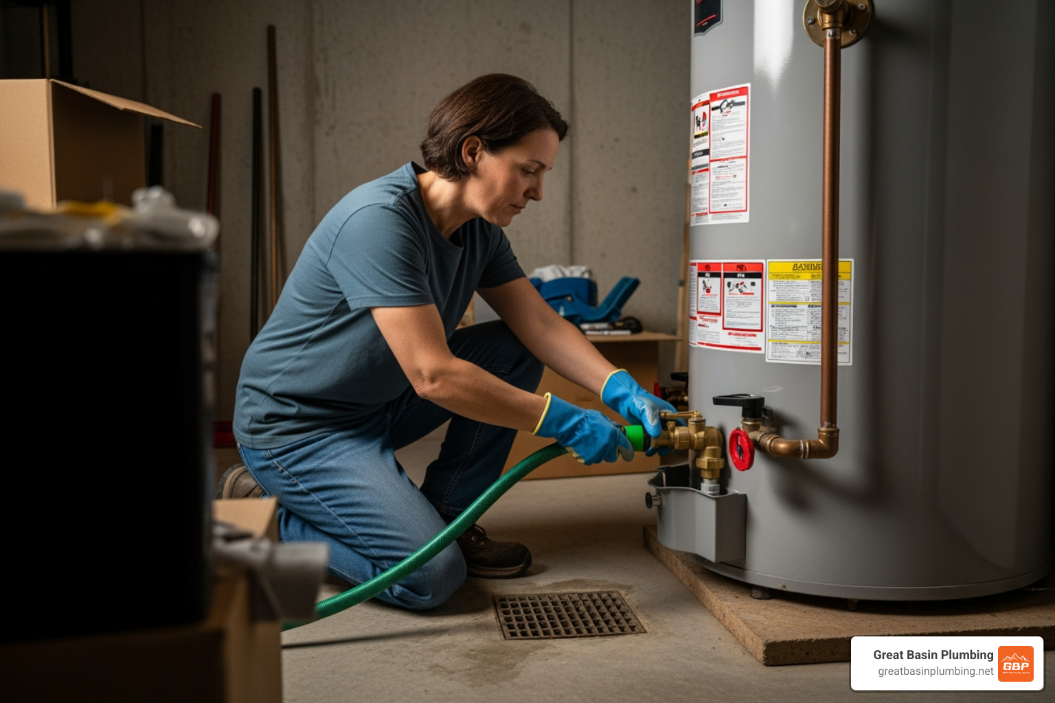 homeowner connecting hose to drain valve - preventive maintenance on a hot water heater