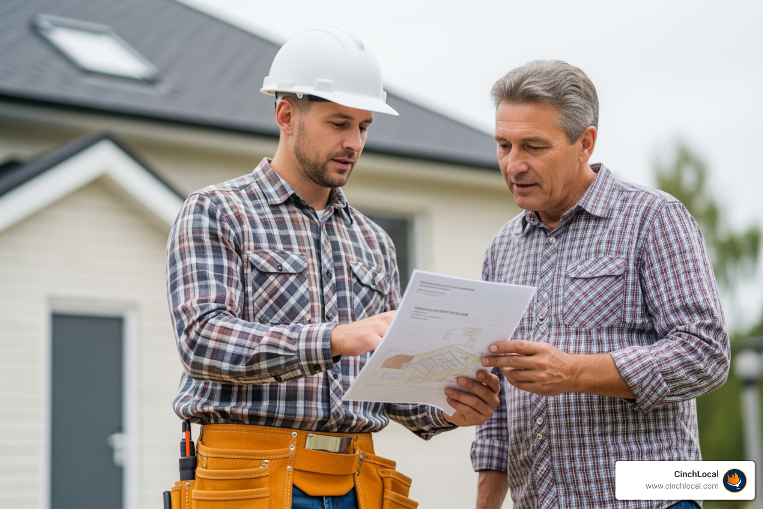 roofer consulting with homeowner on-site, reviewing a roof inspection report - content marketing for local seo roofer consulting with homeowner on-site, reviewing a roof inspection report - content marketing for local seo