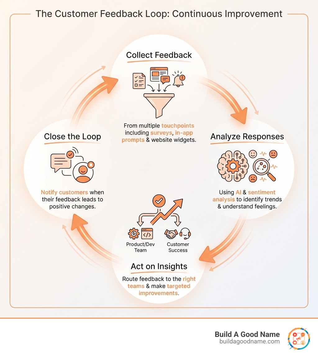 Infographic showing the customer feedback loop with four connected stages: Collect feedback from multiple touchpoints including surveys and in-app prompts, Analyze responses using AI and sentiment analysis to identify trends, Act on insights by routing feedback to the right teams and making improvements, and Close the loop by notifying customers when their feedback leads to changes - customer feedback software infographic 
