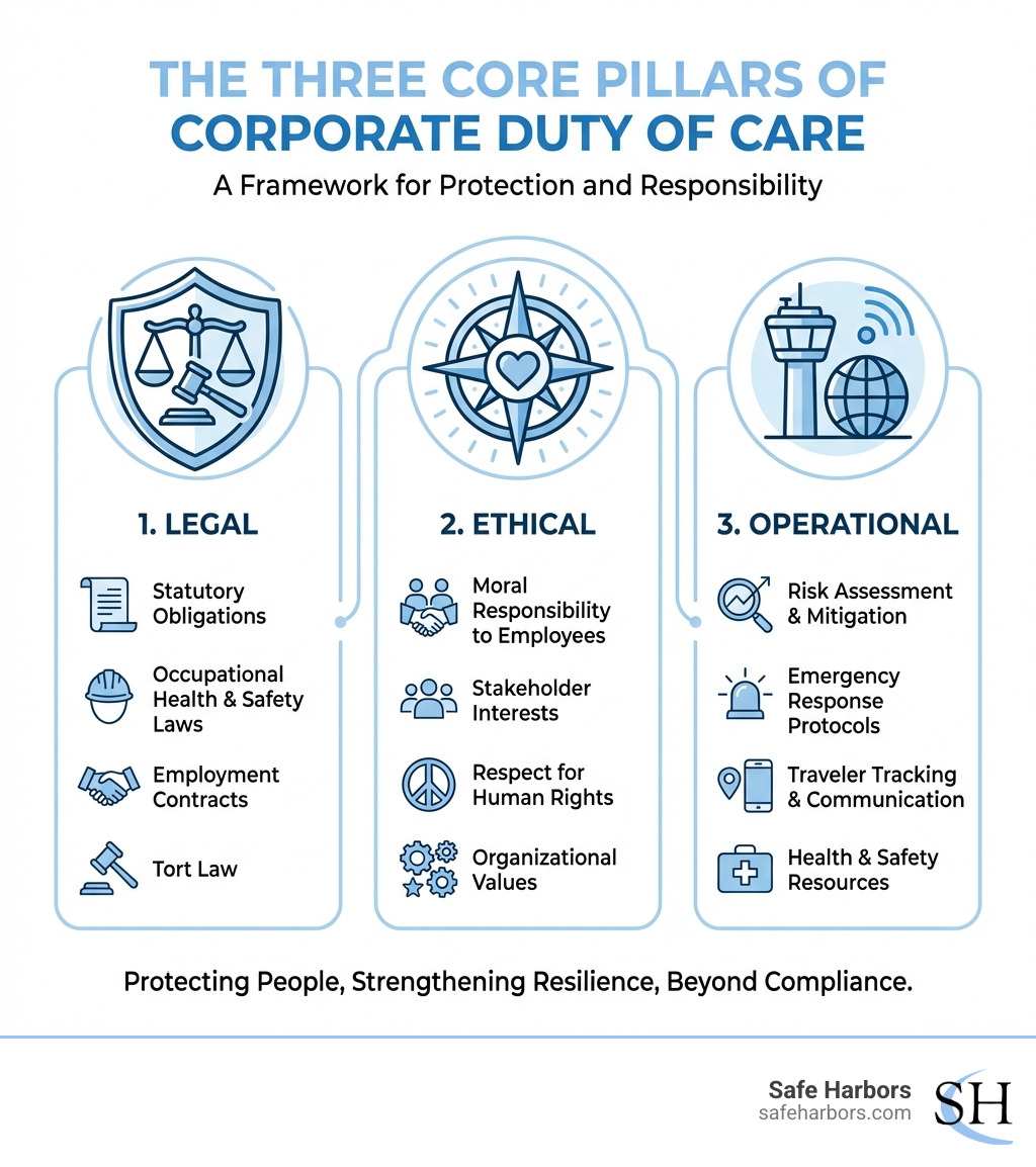 Infographic showing the three core pillars of corporate duty of care: Legal (statutory obligations, occupational health and safety laws, employment contracts, tort law), Ethical (moral responsibility to employees, stakeholder interests, respect for human rights, organizational values), and Operational (risk assessment and mitigation, emergency response protocols, traveler tracking and communication, health and safety resources) - Corporate duty of care infographic Infographic showing the three core pillars of corporate duty of care: Legal (statutory obligations, occupational health and safety laws, employment contracts, tort law), Ethical (moral responsibility to employees, stakeholder interests, respect for human rights, organizational values), and Operational (risk assessment and mitigation, emergency response protocols, traveler tracking and communication, health and safety resources) - Corporate duty of care infographic