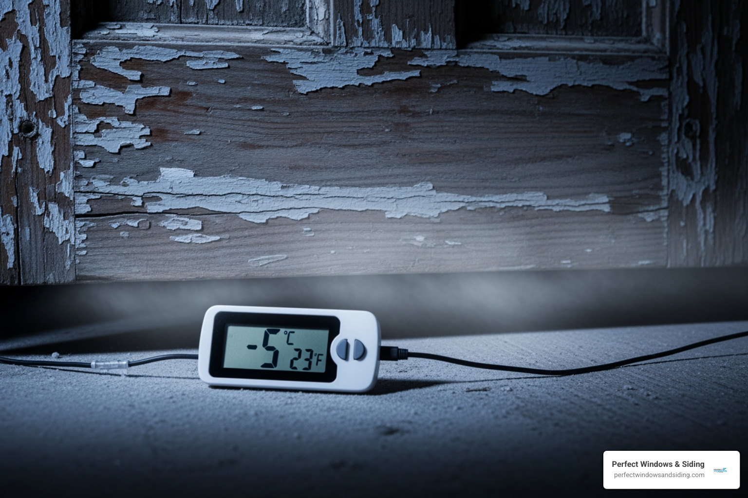 a thermometer showing a cold draft coming from under an old, worn door. - door installation Roselle a thermometer showing a cold draft coming from under an old, worn door. - door installation Roselle