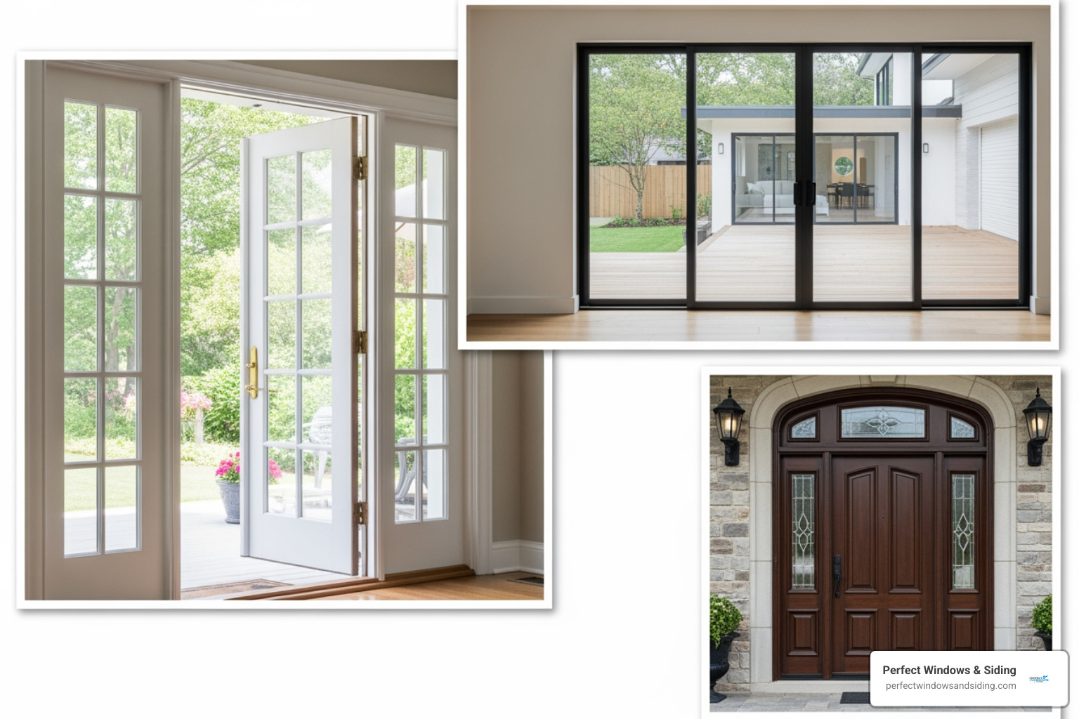 collage showing different door styles like French doors, sliding patio doors, and grand entry doors with sidelights - door installation Roselle collage showing different door styles like French doors, sliding patio doors, and grand entry doors with sidelights - door installation Roselle