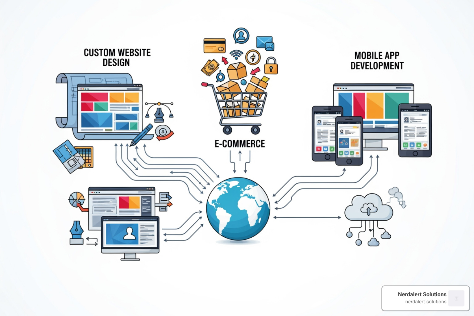flowchart showing different web development services like Custom Design, E-commerce, and App Dev. - web development company riverside