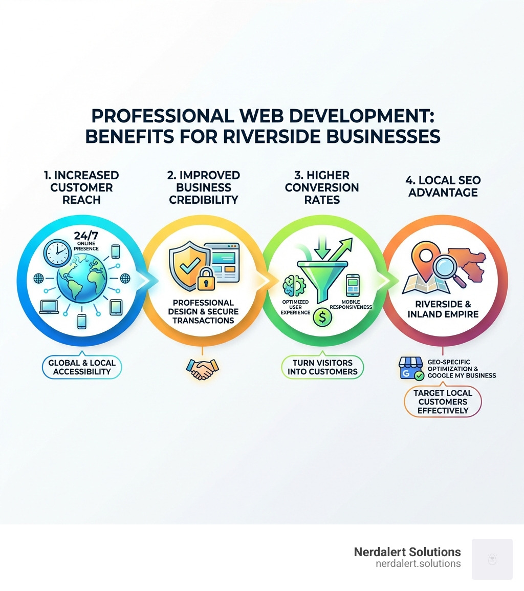 infographic showing benefits of professional web development: Increased Customer Reach through 24/7 online presence, Improved Business Credibility with professional design and secure transactions, Higher Conversion Rates through optimized user experience and mobile responsiveness, Local SEO Advantage targeting Riverside and Inland Empire customers with geo-specific optimization and Google My Business integration - web development company riverside infographic 